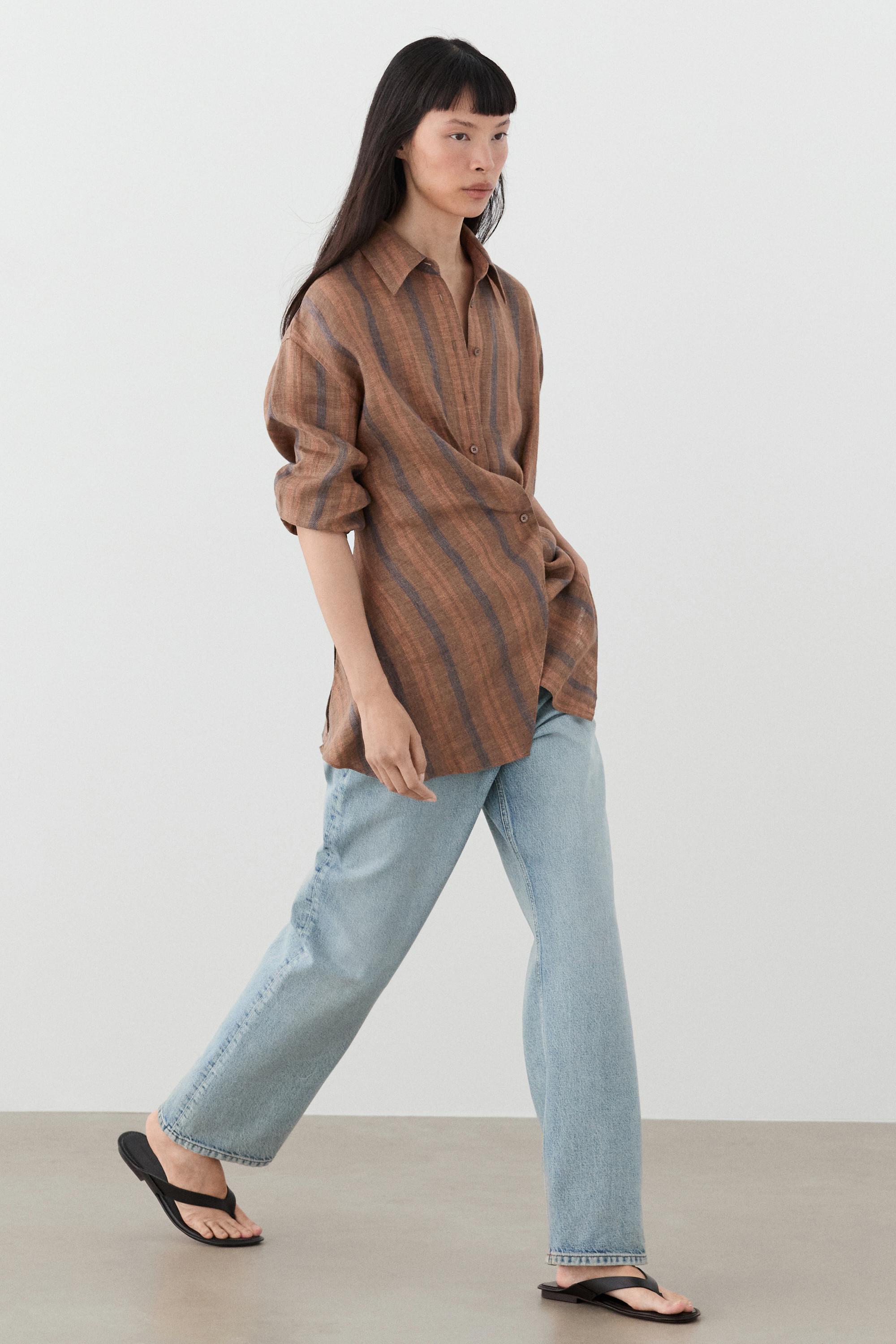 100% linen striped crossover shirt
